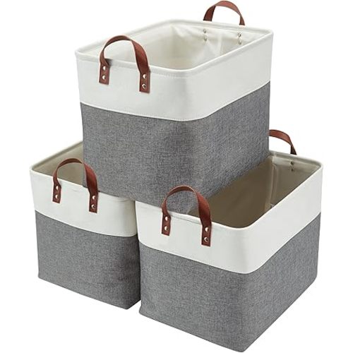 DECOMOMO Large Fabric Storage Baskets - Linen Closet Storage Bins with Handles for Laundry, Clothes, Home, Office (Slate Grey & White, XXL - 3 Pack)