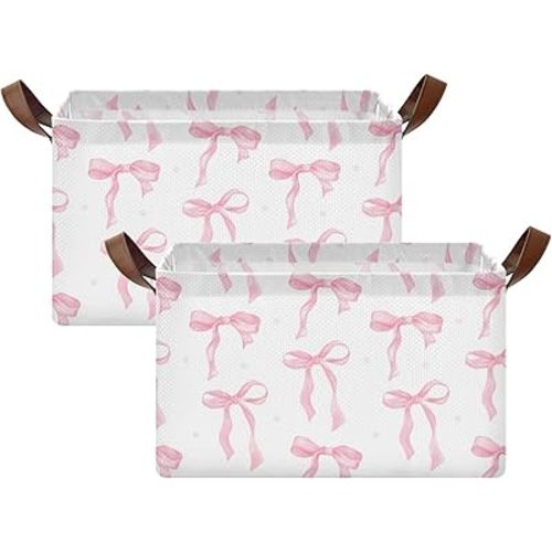 Coquette Preppy Pink Bow Cute Bowknot Storage Basket Foldable Cube Storage Bins with Handles&Labels Waterproof Collapsible Organizer Box Bin Large Decorative Baskets for Shelves Home Living Room-2 PC