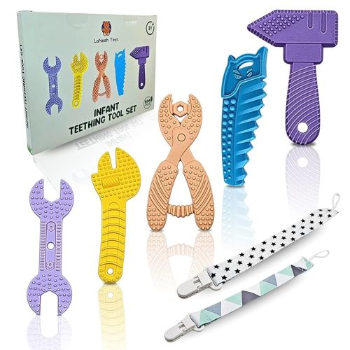 Infant Teething Tools Set: Includes 2 Clips! Soft BPA Free Teething Toys, 5 Piece Construction Set, Baby Boy Essentials Einstein, Gift for Infant Toddler Boy Girl