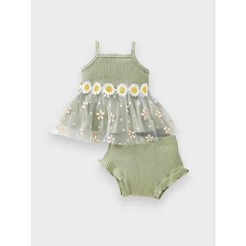 2 Pcs Infant Baby Girl Rib Knit Vintage Flower Set
