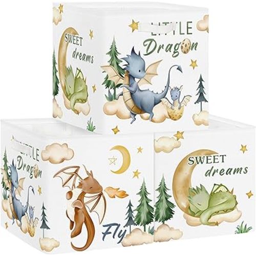 Clastyle Dinosaurs Kid Storage Cube Organizer Set Plants Closet Clothes Cube Storage Bin Nursery Toddler Toy Box Chest Girl Boy Book Shelf Basket,Dragon,11.8x11.8x11.8 in