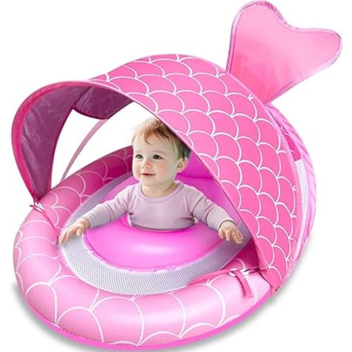 Baby Pool Float with 4 Stage Adjustable Sun Canopy for 6-36 Months, Dual Air Chambers & Never Flip Over Safety Seat, Mermaid Infant Swim Float with Sunshade