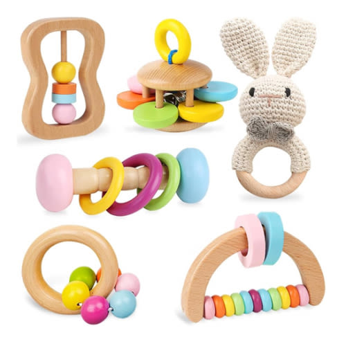 6 PCS Wooden Baby Rattle, Organic Colorful Baby Hand Rattles Set, Wood Rattles for Babies 0-6-12 Months, Wooden Teether Crochet Rattle Toy for Newborn Infant, Montessori Toys for Babies 0-6 Months