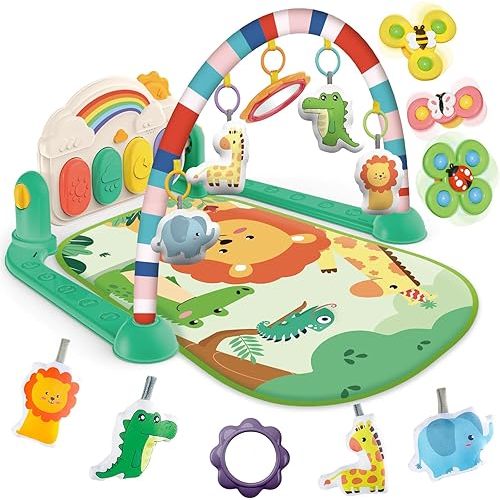 Baby Gyms Play Mats, Tummy Time Mat Toys, Infant Play Mat and Activity Gym, Baby Play Piano Gym Mat, Play Mats for Babies Newborns and Toddlers, Baby Activity Mat Toys 0-3-6-12 Months (Green)