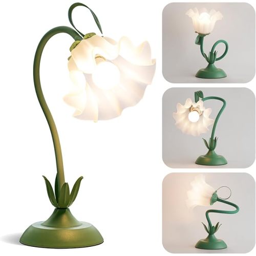 Flower Table Lamp, Cute Vintage Reading Desk Lamp for Bedroom, Small Bedside Light for Night Stands with 3 Color Modes, Kawaii Decor for Dorm Living Room Office (Green)