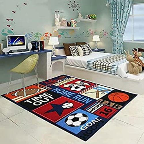 Fun Sport Kids Rugs Nylon Carpet Soccer Baseball Football Basketball with Multi-Color for Boy Girl Playroom 51'' x 75''