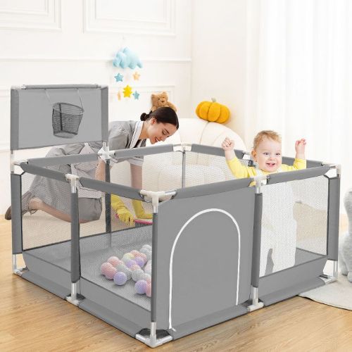 Gotgelif 50"x50" 4-panel Baby Playpen Foldable Playard With Basketball Hoop Gray
