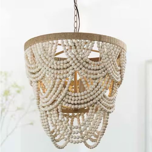Flint Garden Modern Boho Dining Room Chandelier 4-Light Distressed White Island Chandelier with Wood Beads and Rope FGBB8827-4FG