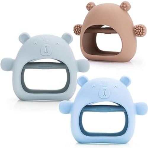 Baby Teether Toy for Infants 3+ Months， Bear BPA Free Anti-Drop Silicone Mitten Teething Toy for Soothing Pain Relief, Silicone Mitten Teether for Sucking Needs (Blue，Brown，Green)