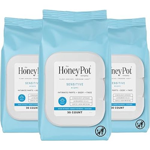 The Honey Pot Company - Feminine Wipes - Daily PH Balancing, Fragrance & Sulfate Free Wipes for Intimate Parts, Body, or Face - Hygiene Products - Sensitive 30 ct (Pack 3)