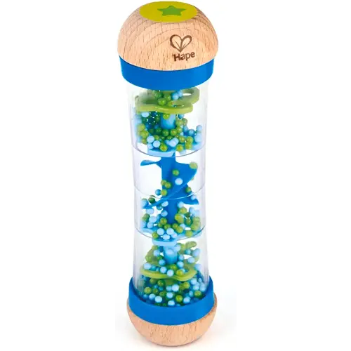 Hape Beaded Raindrops | Mini Wooden Musical Shake & Rattle Rainmaker Toy, Blue, Model Number: E0328B ,L: 2, W: 2, H: 7.9 inch