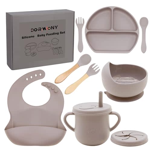 100% Silicone Baby Feeding Set, BPA Free, 9 Pcs: Suction Bowl, Divided Plate, Toddler Self Feeding Dish Set with Spoons, Forks, Sippy Cup, Bib, Beige