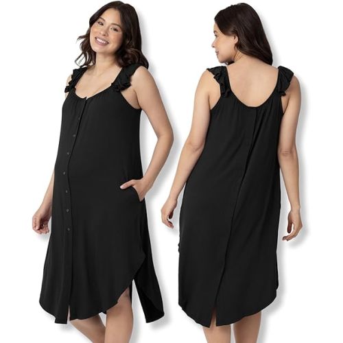 Kindred Bravely Ruffle Strap Labor and Delivery Gown | 3 in 1 Labor, Delivery, Nursing Gown for Hospital (Black, X-Large/1X)