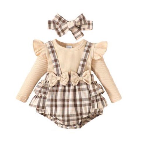 Atogsazn Newborn Baby Girls Romper Ruffle Long Sleeve Jumpsuit and Suspender Skirts with Headband Clothes Khaki 0-3 Months on Clearance