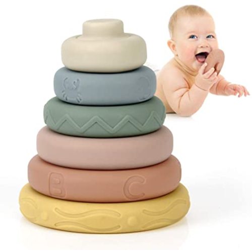 Mini Tudou 6 Pcs Stacking & Nesting Circle Toy,Soft Building Rings Stacker & Teethers,Squeeze Play with Early Educational Learning Stacking Tower, Best Gift for 6+ Months Boys&Girls - A Original