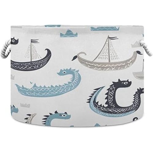 Viking Dragon Ship Cotton Rope Basket Large Round Baby Laundry Basket Toy Blanket Books Storage Bin for Bedroom Bathroom Nursery Home Decor, 20 x 14 Inch