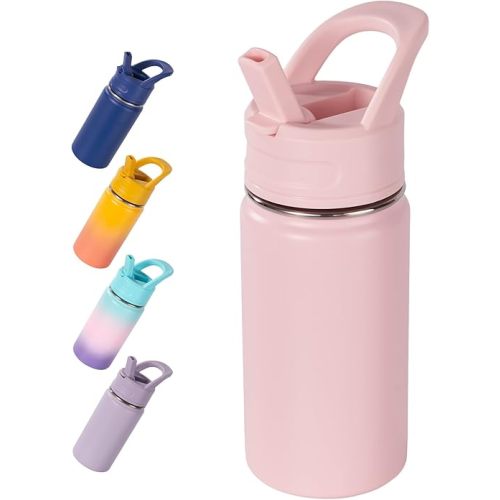12oz Kids Water Bottle for School, Toddler Water Bottles with Straws, Insulated Water Bottle for Boys&Girls, Stainless Steel Vacuum Insulated Bottle for Kids, Leak-Proof, BPA-Free, Pink