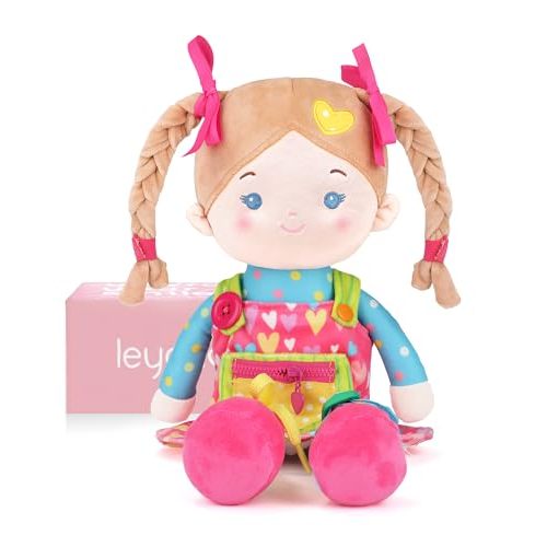 LeyaDoll Educational Soft Baby Doll(16''), Learning Sensory Doll for Toddlers, Montessori Toys for 2-Year-Old Girls Christmas, Birthday Gifts, Plush Doll with Zipper, Shoelace, Button-Busy Sweetheart