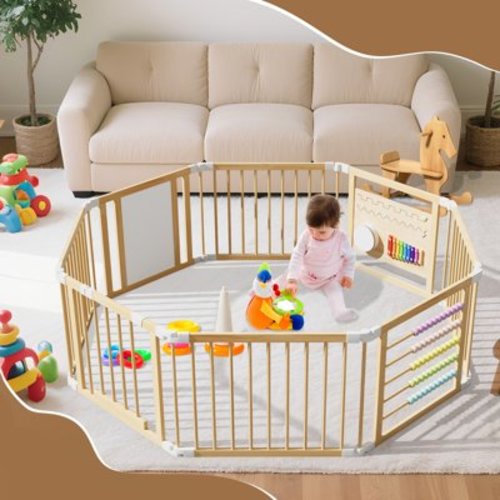 Lilypelle Wooden Baby Playpen, Foldable Large Fence and Play Yard for Toddlers, Adjustable Shape & Size, Safety Gate With Locking Door, Kids Activity Center