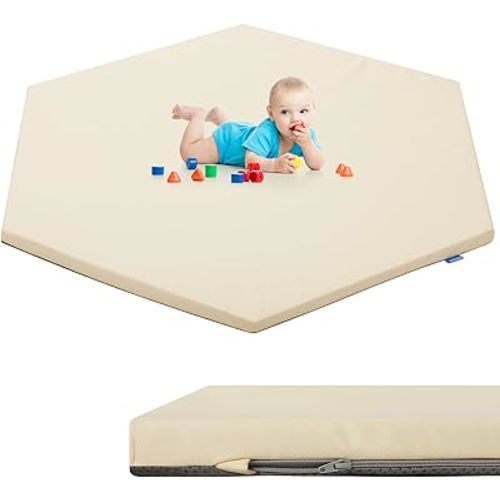 Baby Hexagon Play Mat 52" X 48",Premium Foam Crawling Mat, Thick & Super Soft Vegan Leather Floor Mat,Non-Slip Cushioned Baby Playmat for Infants, Babies, Toddlers(Cream)