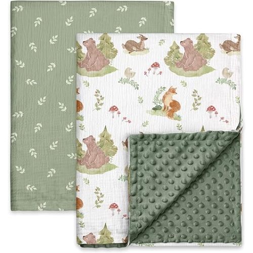 GLLQUEN BABY Blankets for Unisex Boys Girls, 2-Pack Muslin Cotton Front Soft and Breathable, Dotted Fleece Backing, Printed Bed Nursery Minky Blanket for Toddler Newborn, Forest Stories,30 x 40 inches