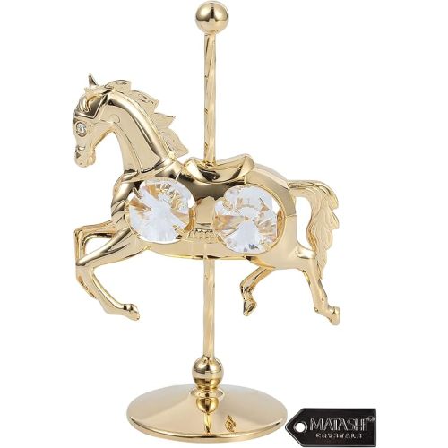 Matashi 24K Gold Plated Crystal Studded Carousel Horse Tabletop Ornament for Home Decoration, Table Decor, Leaving Room Gift for Christmas, Birthday