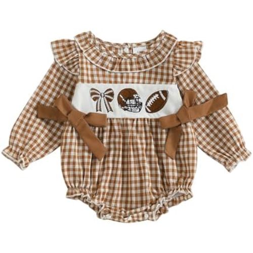 Football Baby Girl Outfit Infant Plaid Bubble Romper Onesie Football Embroidery Jumpsuit Cute Fall Winter Clothes