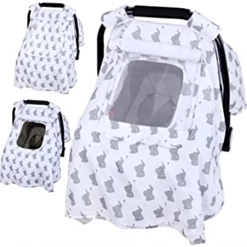 Baby Car Seat Cover, Infant Carseat Canopy with 3 Layers Windows, Breathable Mesh Peep Window, Kick-Proof Carrier Cover for Boys Girls, Windproof Stroller Cover Shower Gift for Newborn (Elephant)