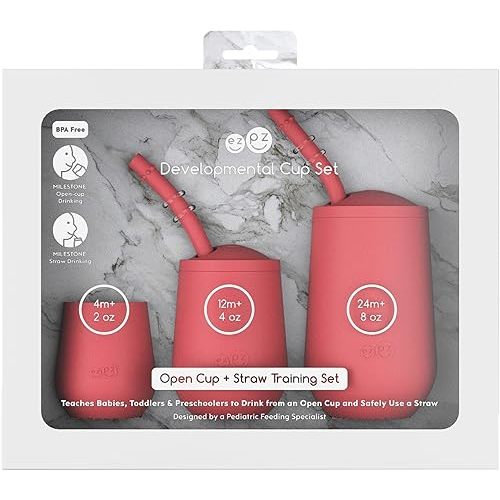ezpz Developmental Cup Set (Coral) 100% Silicone Training Cup for Infants - Designed by a Pediatric Feeding Specialist - Baby-led Weaning Essentials & Baby Gifts