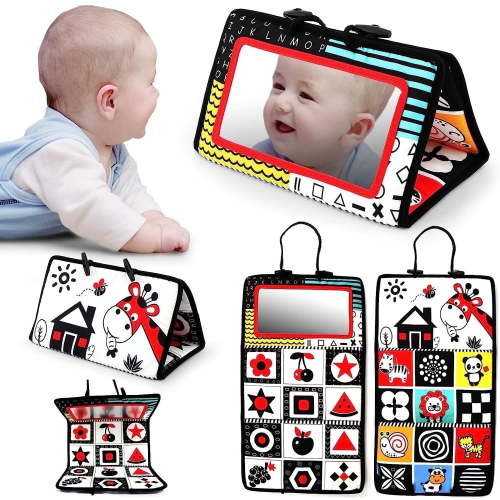 Suorfoxs Tummy Time Mirror, Infant Development Toys, High Contrast, Crinkle, Teething, Sensory, Newborn to 12 Months
