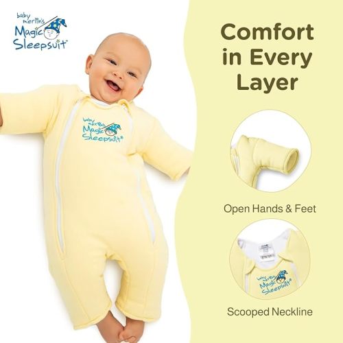 Baby Merlin's Magic Sleepsuit - Cotton Baby Swaddle Transition Product - Soft and Breathable Design, Double Zipper for Easy Diaper Changes, Promotes Safe Sleep - Yellow - Large 18-21lbs