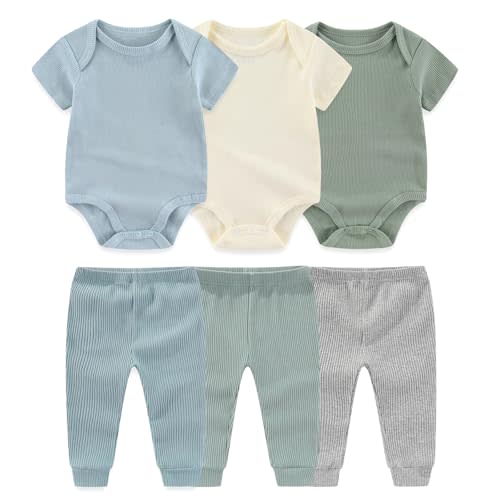 Ruliby Baby Bodysuit and Pant Set 6-pcs Ribbed Soft Infant Boy Girl Clothes Outfits