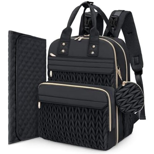 CandyHome Diaper Bag Backpack, Waterproof Stylish Baby Bag with Changing Pad, Large Capacity Travel Essentials Baby Diaper Bag with USB Port, Stroller Straps & Pacifier Case (Black)