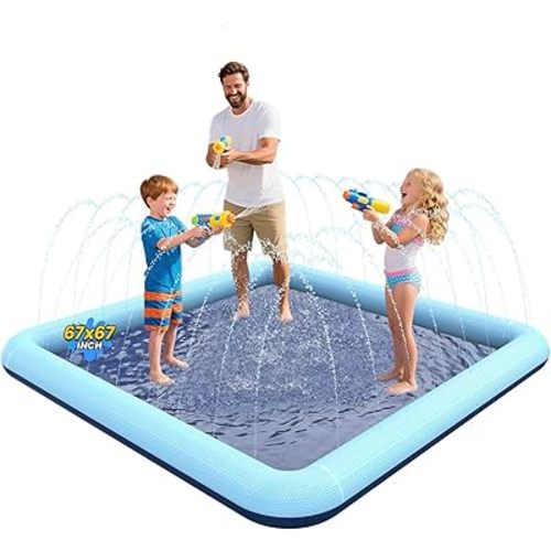 VISTOP Non-Slip Splash Pad for Kids and Dog, Thicken Sprinkler Pool Summer Outdoor Water Toys - Fun Backyard Fountain Play Mat for Baby Girls Boys Children or Pet Dog (67 * 67 inch, Blue&Blue)