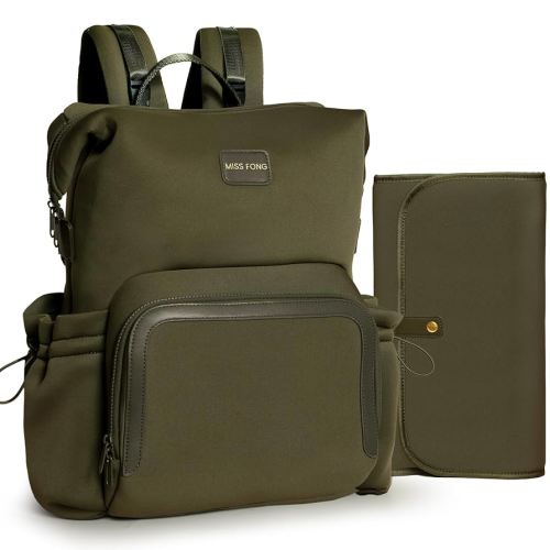 miss fong Diaper Bag Backpack - Baby Diaper Bag Neoprene Bag Large Capacity Neoprene Backpack with Diaper Changing Pad with 12 Pockets for Mom & Dad -Green