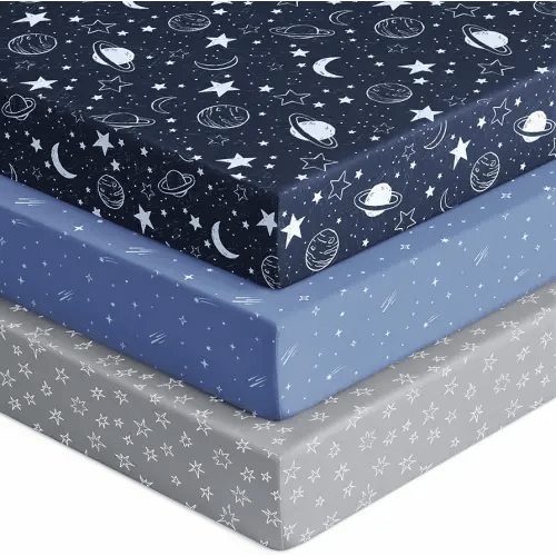 Baby Crib Sheets for Boys Girls, Fitted Crib Sheet Neutral 3 Pack for Standard Crib and Toddler Mattress, Breathable Soft Microfiber Baby Sheet 28x52x8in Blue Gray Planet