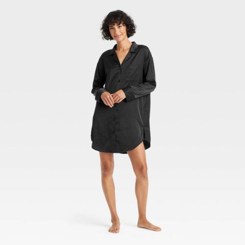 Women's Satin Notch Collar Nightgown - Auden™ Black M
