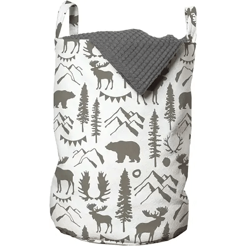 Ambesonne Northwoods Laundry Bag, Forest Elements with Bear Moose Trees and Mountains Wildlife Nature Theme, Hamper Basket with Handles Drawstring Closure for Laundromats, 13" x 19", Taupe White