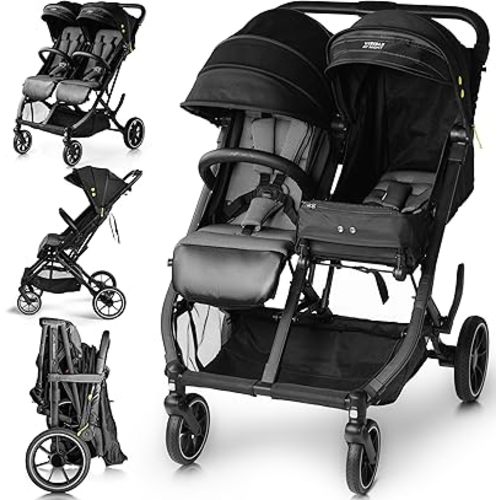 BabyCruiser Double Stroller Newborn and Toddler, Swivel Wheels, One Hand Folding, Compact Size, Lightweight Twin Stroller from Birth up to 48.5 lbs per seat