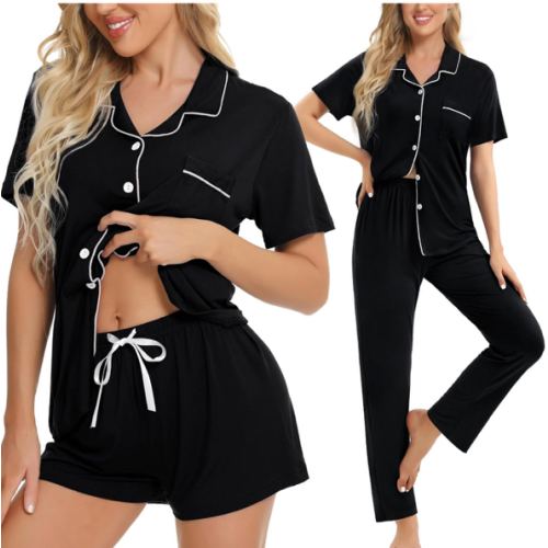 SWOMOG Womens 3pcs Button Down Pajamas Set Short Sleeve Sleepwear Bride Pj Lounge Set with Long Pants