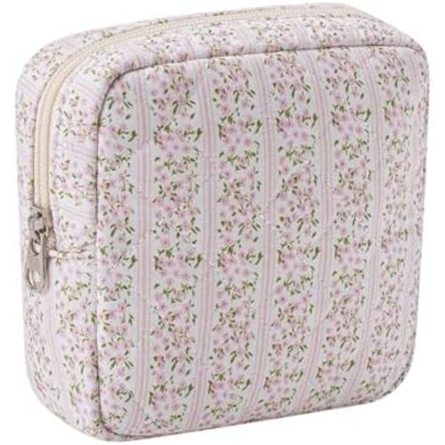 Small Quilted Cosmetic Pouch for Purse, Mini Cotton Makeup Bag with Compartments, Cute Zipper Lipstick Holder for Women (17Small Pink Flower)