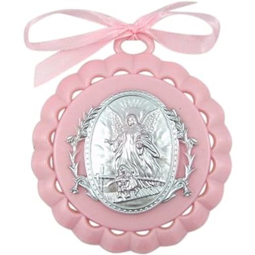 Moulded Acrylic Pink Crib Medal with Guardian Angel for Baby Girl Nursery Decor, 3 1/2 Inch