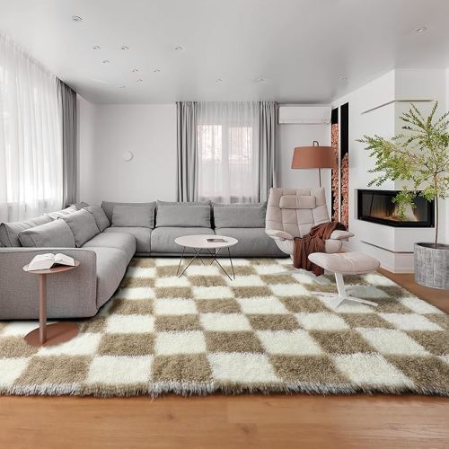 KICMOR Area Rugs 8x10 for Living Room, Large Fluffy Beige and Cream White Checkered Rug Big Fuzzy Shag Shaggy Carpets for Bedroom, Soft Plush Furry Rug for Boy Girls Room Dorm Home Decor Aesthetic