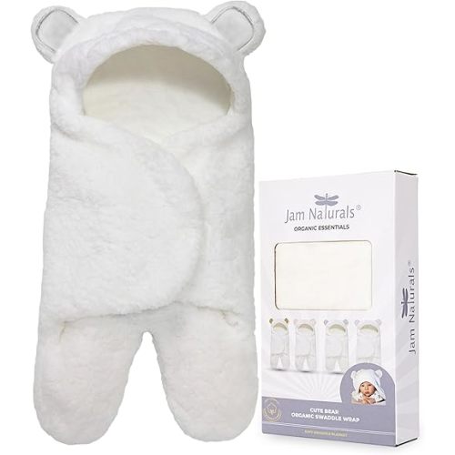 Jam Naturals- Baby Swaddle Blanket, Cute Bear Organic Receiving Swaddling Wrap, Gender Neutral Soft Newborn Baby Registry Gift (White 0-3m)