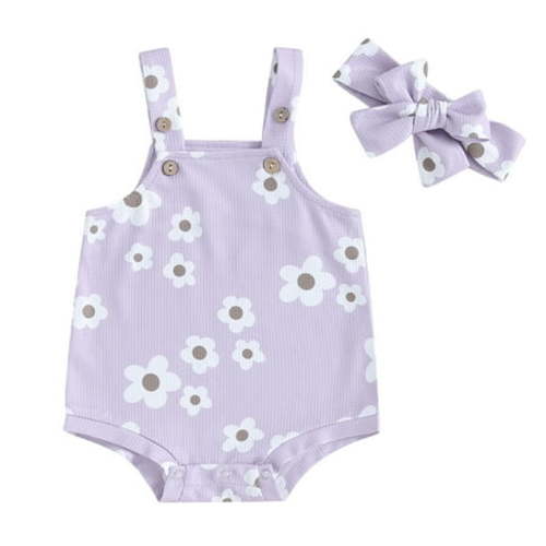 Boiiwant Baby Girls Summer Outfit 3 6 12 18 Months Infant Girls Sleeveless Flower Print Tank Top Romper + Headband Set 0-18M 2Pcs Newborn Girl Beach Clothing