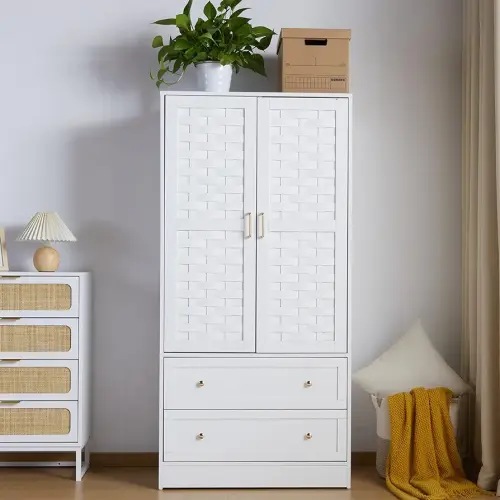 Wardrobe Closet, Freestanding Closet Wardrobe Cabinet with Wide Drawers & Hanging Rod, Armoire for Bedroom, Kids' Room, Dorm (White)