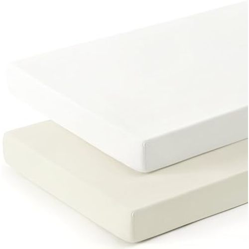GRSSDER Mini Crib Sheets Fitted, Pack and Play Sheets 2 Pack, Ultra Soft Stretchy Pack N Play Sheets, Universal Fit for Playard Mattress, Jersey Crib Sheets Neutral for Boys and Girls, Cream/White