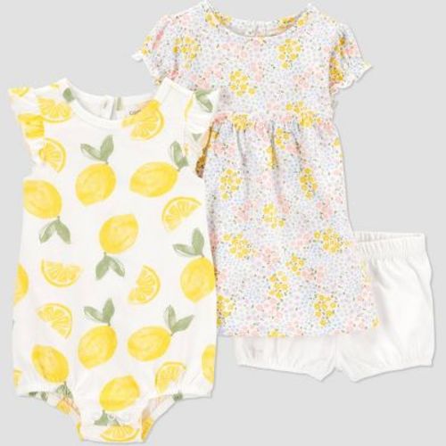 Carter's Just One You®️ Baby Girls' 3pc Short Sleeve Lemon Bubble & Dress Set - Yellow Newborn