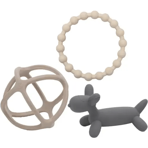 WeeSprout Silicone Baby Teether Toys for Infant Babies and Toddlers, Cute Ring, Puppy Dog, and Ball, Soft and Flexible, BPA Free, Boys and Girls (Matte Dark Gray, Tan & Off White)
