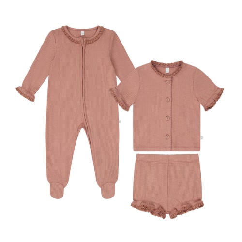 Lace Trim Ribbed Clever Zip Baby Romper & Frilled Ribbed Cardigan and Shorts Outfit Rose / 0 - 3 M